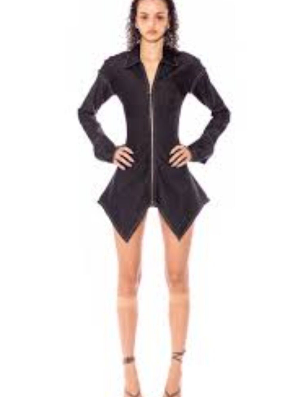SAMI MIRO VINTAGE Black Zip-Front Raw Denim Dress with Contrast Stitching